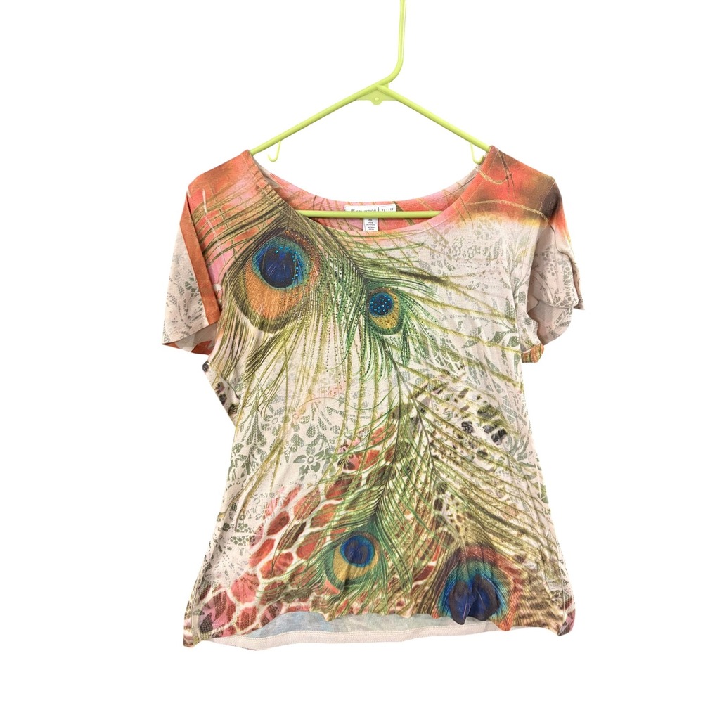 JM Collection Petite Peacock Feather‎ Rhinestone Graphic Top Orange Green PL